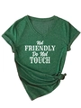 Detail of dark green V-neck T-shirt with 'Not Friendly' slogan and stylish front knot - Vintage Green