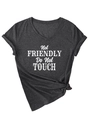 Detail of V-neck grey t-shirt with Not Friendly slogan and stylish side knot design - Black Heather Grey