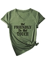 Detail of V-neck dark green t-shirt with Not Friendly Do Not Touch print and side knot - Olive Green