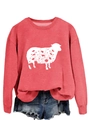 Detail of red crewneck sweatshirt with sheep floral print and blue distressed denim shorts - Red (White Print)