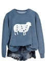 Detail of blue crewneck sweatshirt featuring a floral sheep print and ribbed cuffs - Blue (White Print)