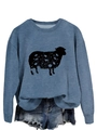 Detailed view of dusty blue crewneck sweatshirt with sheep silhouette and floral pattern - Blue (Black Print)