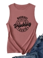 Close-up of sleeveless tank top with Warning The Girls Are Drinking Again print - Rose Gold/Dusty Rose (Black Font)