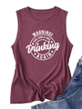 Detail of burgundy sleeveless tank top with Warning The Girls print on knit fabric - Purple Red (White Font)