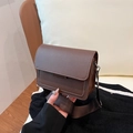 Dark brown rectangular small square bag with a wide adjustable fabric shoulder strap - Brown