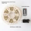 100m copper wire LED firecracker lights set with 3000 LEDs, remote and EU power adapter - Warm White 100m