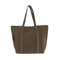 Dark brown suede tote bag with silver rivets and long shoulder straps for women - Green