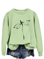 Detail of dragonfly line art print on avocado green crewneck sweatshirt with raw hem denim shorts - Olive Green (Black Print)