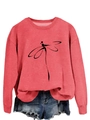 Close-up of coral pink sweatshirt with minimalist black dragonfly line art and crew neck - Coral Pink (Black Print)