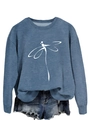 Detail of dragonfly line art print on a grey-blue crewneck sweatshirt for women - Gray Blue (White Print)