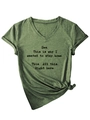 Detail of V-neck olive green T-shirt featuring vintage text print and knotted hem design - Olive Green (Black Font)