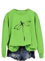 Close-up of neon green sweatshirt with minimalist dragonfly print and denim shorts - Neon Green (Black Print)