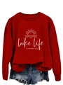 Detail of red crewneck sweatshirt with Lake Life Is The Best Life graphic print - S / Red (White Font)