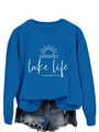 Detail of blue Lake Life Is The Best Life sweatshirt with distressed denim shorts - S / Lake Blue (White Font)