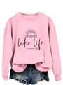 Detail of pink Lake Life Is The Best Life sweatshirt with graphic print and denim shorts - S / Pink (Black Text)