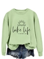 Detail of sage green sweatshirt featuring lake life graphic print and denim shorts - S / Olive Green (Black Font)