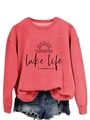 Close-up of coral pink sweatshirt with lake life graphic and denim shorts detail - S / Red (Black Font)