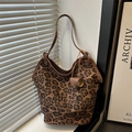 Retro leopard print tote bag with brown leather straps for autumn 2025 casual commute - With Cylinder Charm Style / Leopard Brown