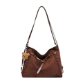 Retro brown suede tote bag with decorative buckle and plush bear charm on white background - With Pendant / Brown