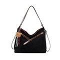 Retro black suede tote bag with brown leather straps and cute bear charm accent - With Pendant / Black