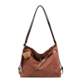 Brown suede tote bag with leather straps, bear charm and striped scarf detail - With Pendant / Brown