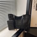 Damen Tweed-Einkaufstaschen-Set mit schwarzen Lederriemen und Innentasche - Schwarz