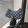 Trendy blue checkered denim shoulder bag with fringe detail and small pouch attachment - Blue Checkerboard