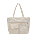 Cream corduroy multi-pocket large capacity tote bag with adjustable shoulder straps - White