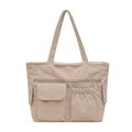 Beige corduroy shoulder bag featuring multiple pockets and high-capacity tote design - Dark Khaki