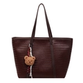 Dark brown woven PU leather tote bag with a cute plush bear charm for daily casual use - With Pendant / Brown