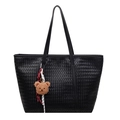 Large black woven tote bag with a brown plush bear charm and sleek shoulder straps - With Pendant / Black