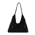 Retro black suede hobo shoulder bag with laser-cut floral patterns and large capacity - Black