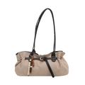 Minimalistische beige Wildleder-Einkaufstasche mit Holzperlen und schwarzen Lederriemen - Khaki Mit Anhänger