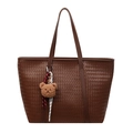 Brown woven large capacity tote bag with long straps and a cute plush bear pendant - With Pendant / Brown
