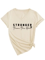 Detail of V-neck T-shirt showing Stronger Than The Storm print and stylish side knot - S / Sand