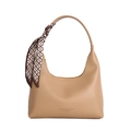 Elegant light brown hobo bag with silk scarf handle and leather texture - Khaki Bag And Satin Scarf