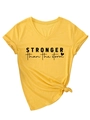 Detail of V-neck yellow T-shirt with 'Stronger than the storm' slogan and front knot design - S / Yellow