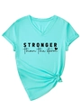 Close-up of stronger than the storm text and knotted hem on mint green V-neck T-shirt - S / Deep Water Blue