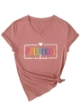 Detail of V-neck T-shirt with Preschool Vibes print and stylish side knot tie detail - S / Rose Gold (White Graphic)