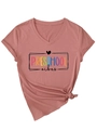 Detail of V-neck dusty rose t-shirt with Preschool Vibes print and stylish front knot tie - S / Rose Gold (Black Graphic)
