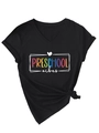 Detail of V-neck T-shirt with Preschool Vibes print and stylish front hem knot - S / Black (White Graphic)