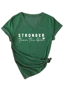 Detail of dark green V-neck T-shirt with white stronger than the storm text and knotted hem - Vintage Green