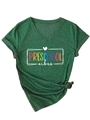 Detail of V-neck heather green T-shirt featuring Preschool Vibes print and knot hem design - S / Retro Green (White Graphic)
