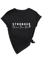 Close-up of black V-neck T-shirt with Stronger than the Storm print and side knot - Black