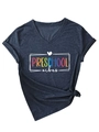 Detail of V-neck grey t-shirt with Preschool Vibes print and stylish front knot - S / Navy Blue (White Graphic)