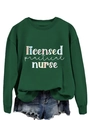 Detail of Licensed Practical Nurse text print on dark green crewneck sweatshirt with shorts - Dark Green Sweatshirt (White Text)