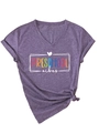 Detail of purple V-neck T-shirt featuring Preschool Vibes print and stylish knot at the hem - S / Purple (White Graphic)