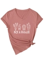 Detail of V-neck brick red T-shirt with cactus graphics and Not a Hugger slogan - Rose Gold (White Graphic)