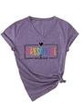 Detail of V-neck heather purple T-shirt featuring preschool vibes print and knotted hem - S / Purple (Black Graphic)
