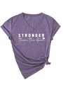 Detail of V-neck purple T-shirt with 'stronger than the storm' print and knotted hem - Purple (White Font)